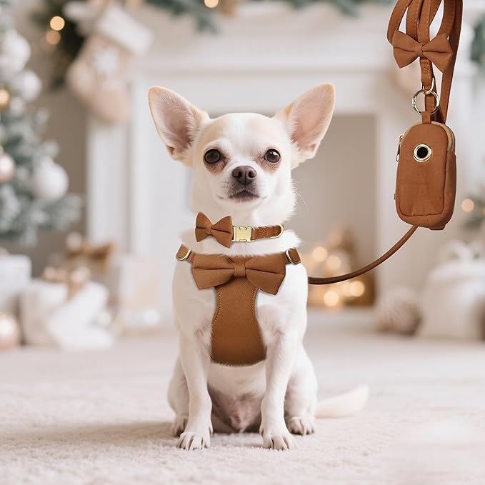 Beirui Cute XXS Dog Harness Set with Three Detachable Bows, Adjustable Step in Dog Harness Collar and Leash Set with Secure Metal Buckle for Daily Walking, Parties & Holiday Outfits(Brown,XXS)