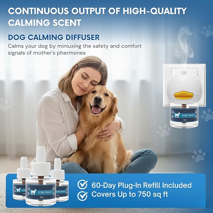 Dog Calming Pheromone Diffuser Kit | Natural Anxiety & Stress Relief for Dogs | Reduces Barking, Chewing & Restlessness | Covers Up to 700 sq ft – Vet Recommended | 60-Day Plug-In Refill Included