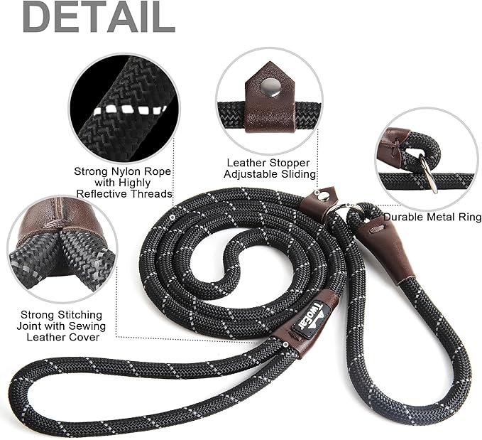 TwoEar Slip Leads for Dogs, 1/2" x 6FT Slip Leash for Large Dogs with Highly Reflective Threads, Comfortable Strong Rope Slip Leads, No Pull Pet Training Leash, Black