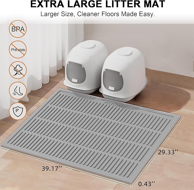 PetNova Extra Large Litter Mat: XL 39"x29" Silicone Waterproof Groove Design Litter Trapping Mat Easy to Clean for Multiple-Cats - Jumbo Non-Slip Cat Box Rug for Floor (Cool Grey)