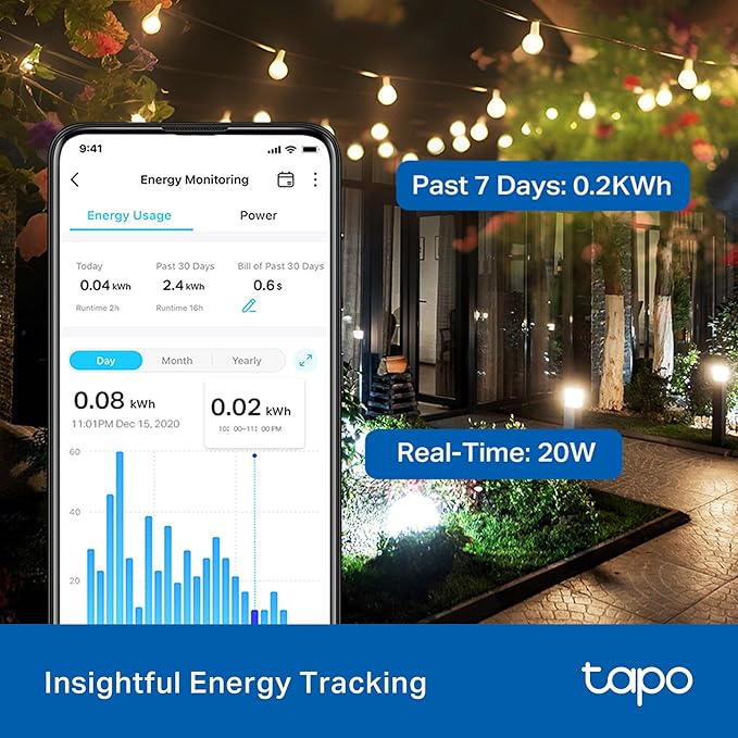 Tapo Outdoor Smart Dimmer Plug for Outdoor Lights, Matter, App Control, IP65 Weather Resistant, Works with Siri, Alexa, Google, ETL Certified, Energy Monitoring,150WLED/CFL, 2.4GHZ WiFi Only, P430M