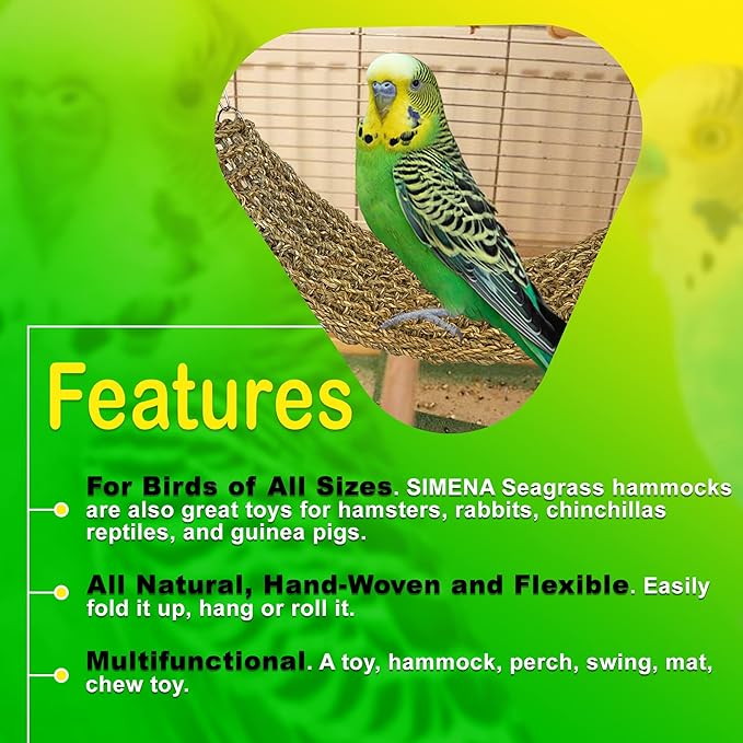 SIMENA Seagrass Mat for Birds, Natural Grass Woven Bird Net Hammock, Climbing Rope Ladder, Chew Toys for Parrots Lovebirds Cockatiels Conures Budgies, Cockatoos (Small)