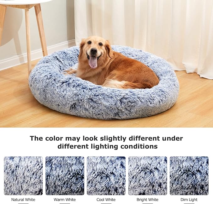 Bedfolks Calming Donut Dog Bed - 36 Inch Round Plush Beds for Large Dogs, Anti-Anxiety Machine Washable (Navy Blue, Large)