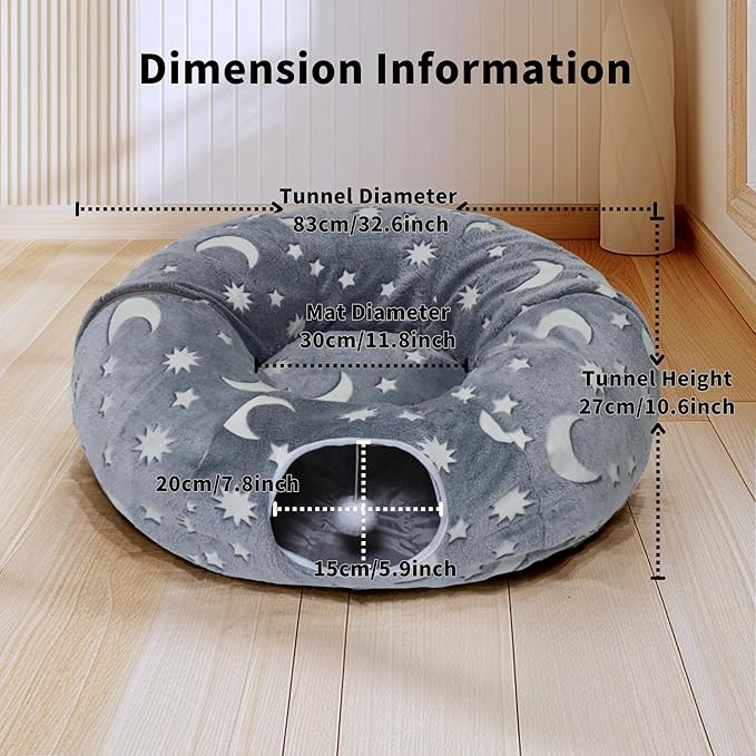 Cat Tunnel Bed for Indoor Cats with Washable Cushion Cat Cave Donut Tunnel with Fluffy Ball Big Round Tube Pet Playground Toys Soft Plush Peekaboo for Kitten, Cat, Puppy, Rabbit, Ferret(Moon Star)