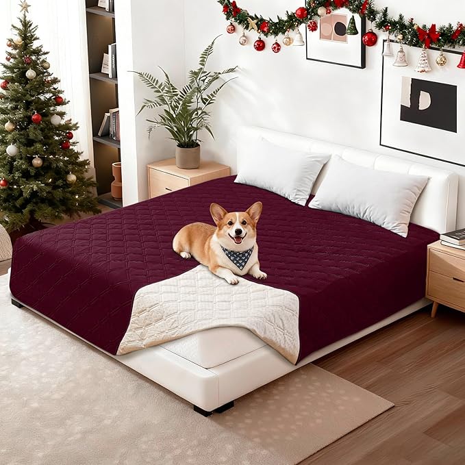Waterproof Dog Bed Cover Pet Blanket, Soft Couch Cover for Dogs Washable, Non-Slip Dog Blanket Protect Furniture Couch Sofa Car for Puppy Large Dogs Cat Christmas (30x70 Inch, Burgundy)
