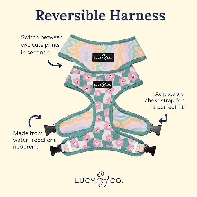 Lucy & Co. Cute Reversible Dog Harness Walking Halter - Best Designer Pet Harnesses for XS - XL Dogs - Padded Adjustable Vest for Easy Walking. (Just Chill Reversible Harness).