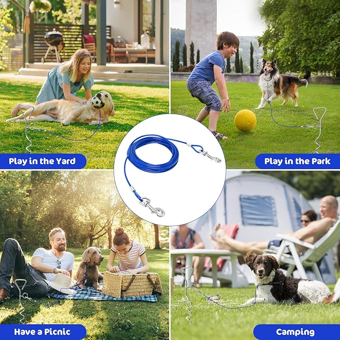 Relux 30FT Outdoor Dog Leash for Yard Training, Running, Hiking, Camping, with Heavy Duty Dog Anchor Spiral Stake for Small to Medium Dogs (Blue)