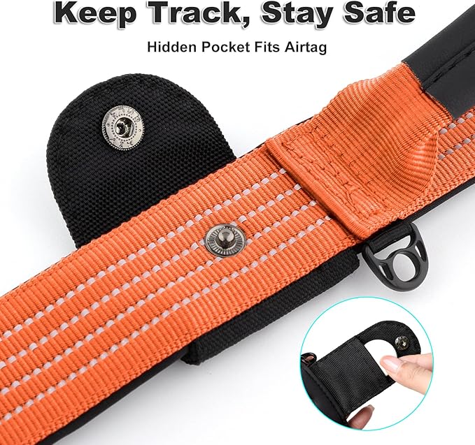 Plutus Pet Tactical Dog Collar with Tracker Packet for AirTag, Adjustable Reflective Nylon Collar, Metal Buckle, Leather-Wrapped Handle, Soft Padded for Medium Large Dogs (Orange, S)