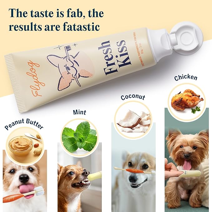 FlyDog Fresh Kiss Dog Tooth Brushing Kit - Vet Approved Formula, Enzymatic Dog Toothpaste and Brush - Breath Freshener & Tartar Remover, 360° Toothbrush & Finger Brush, Dental Guide, Peanut Butter
