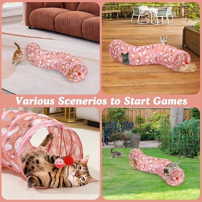 Pawaboo Cat Tunnel, S-Shaped Cat Tube Tunnel 25 * 97cm(9.8''*38.2'') with Balls and Bells, Collapsible Portable Kitten Play Tent Toy Interactive Cats House with Peep Holes for Kitty, Pink Kitties