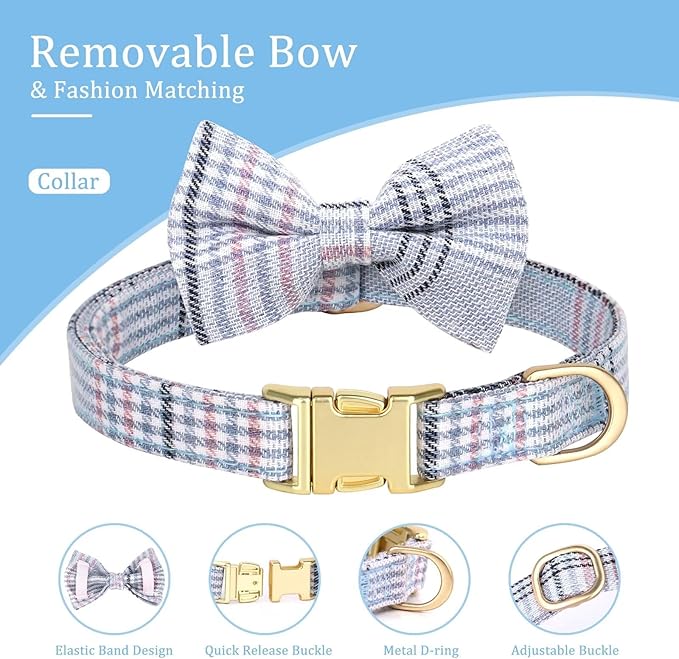 Beirui Cute Extra Small Dog Harness Collar and Leash Set with Bowtie, Soft Adjustable Plaid Puppy Harness for Small Sized Dogs Cats Walks Parties and Photoshoots(Blue,XXS:Chest 12-14")