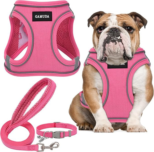 GAMUDA Small Pet Harness Collar and Leash Set, Step in No Chock No Pull Linen Fabric Soft Mesh Dog Vest Harnesses Reflective for Dogs Puppy Cats Kitten Rabbit (Pink, L)