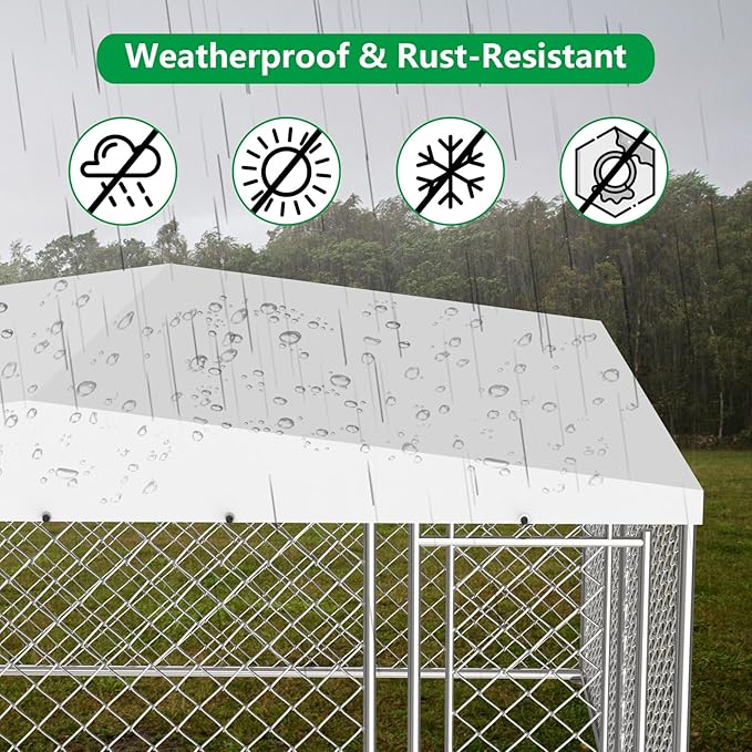 Outdoor Dog Kennel with Bowls 10x10 FT, Heavy Duty Large Outside Dog Enclosure with UV-Resistant Waterproof Sun-Proof Cover, Double Security Locks for Backyard Farm Ranch