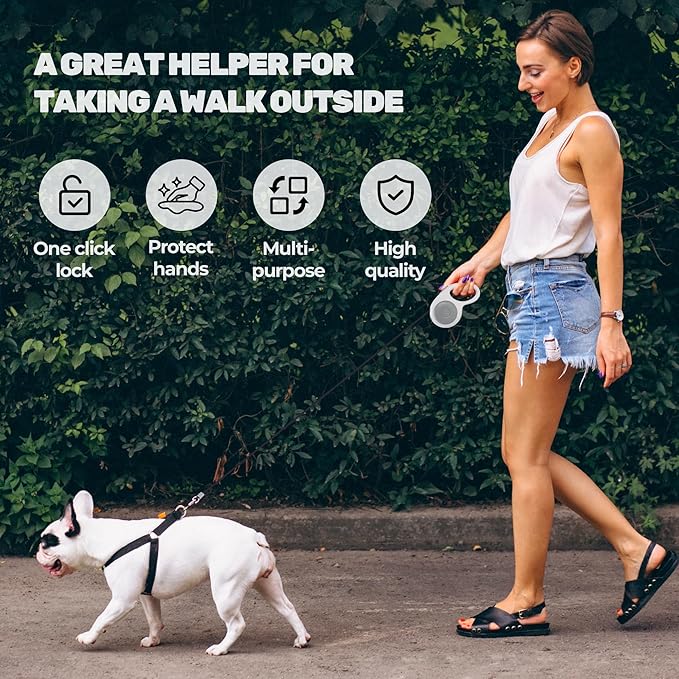16Ft Retractable Dog Leash, Chew Proof Leash with Wire Pope and Strong Nylon Tape, 360 Tangle-Free Walking Lead for Small to Large Dogs up to 110lbs, One-Hand Brake, White