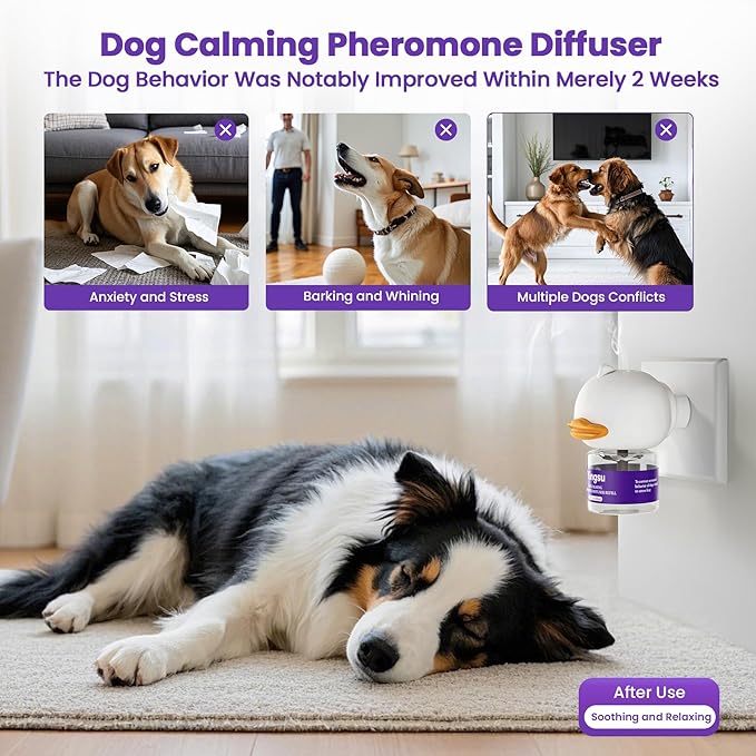Dog Calming Diffuser, 4 in 1 Puppy Pheromones Calming Diffuser, Relaxing Pheromone for Dogs Relief Stress Anxiety Reduce Aggression Barking, Help Train Dog to Pee, 2 Diffuser 2 Refill(48ml)