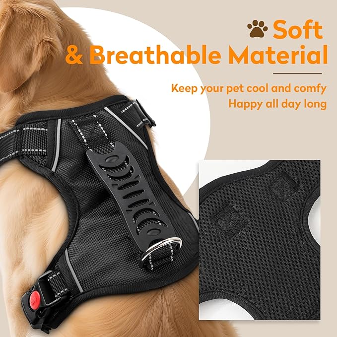 No Pull Dog Harness with 2 Leash Clips, Reflective Adjustable Soft Padded Vest with Handle, Breathable Oxford No Choke Pet Vest for Medium Sized Dogs, Black,M