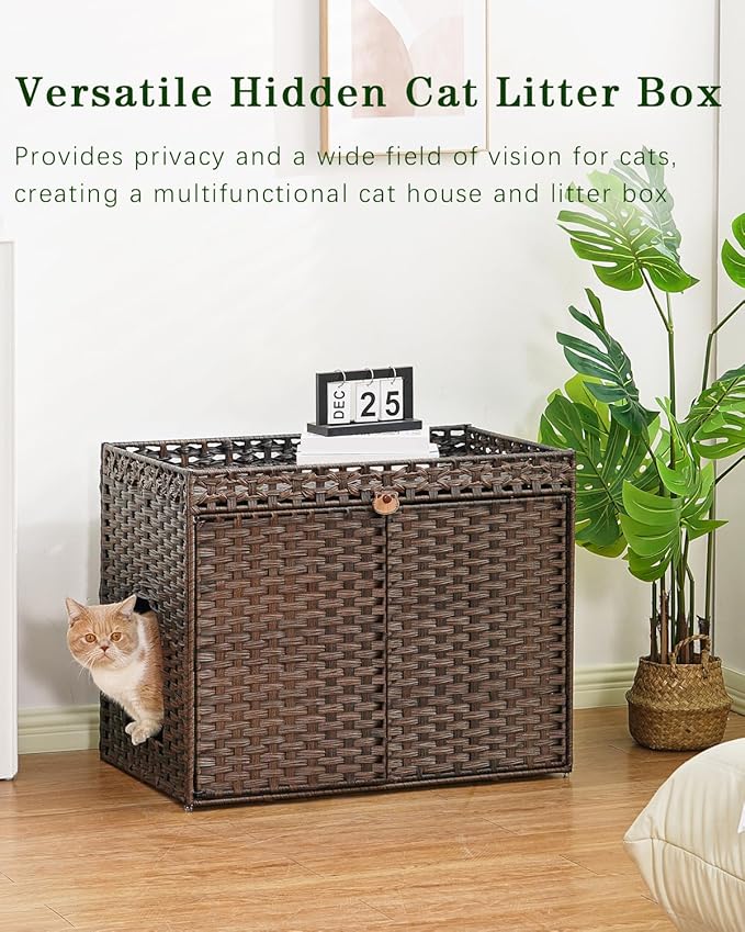Cat Litter Box Enclosure Furniture, Handwoven Rattan Hidden Litter Box with Mat, Large Space Cat House with 2 S-Shaped Hooks, 30.3 x 18.3 x 24.4 Inches, Indoor for Living Room Apartment Brown
