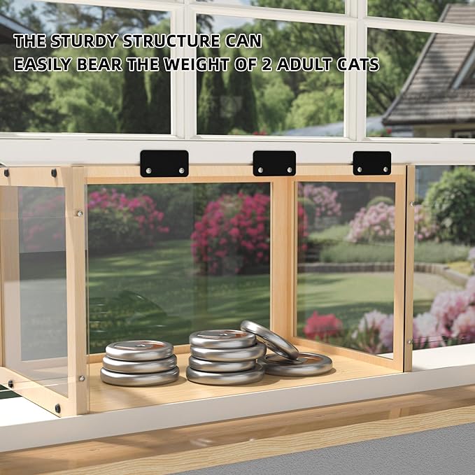Window Cat Perch Catio, Wood Cat Window Box, Window Catio for Indoor Cats. Suitable Single Hanging Window with an Inner Diameter of The Window Frame with A Net Opening Width of 24-35 in. KGCCIZI.