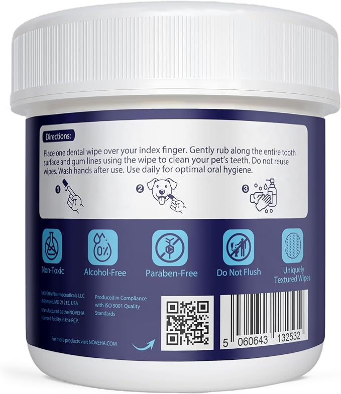 NOVEHA 50PCs Pets Dental Finger Wipes for Dogs & Cats | Freshens Breath, Reduces Plaque | Healthier Gums | Clean Teeth No Toothbrush | Vet Recommended Effective Natural Oral Care | Flavor-Free