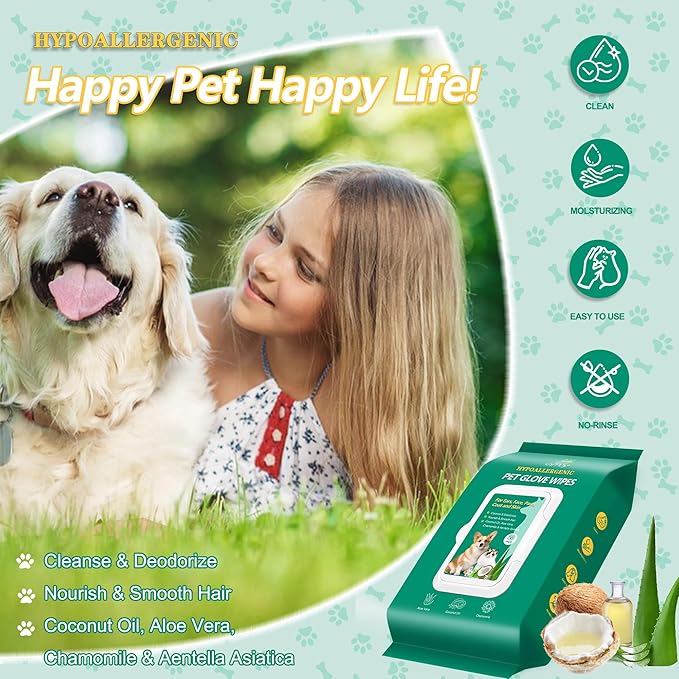 40PCS Pet Cleaning and Deodorizing Grooming Glove Wipes for Dogs and Cats, Extra Thick Nourish Fur No-Rinse Grooming Wipes for Daily Care and Travel, Hypoallergenic