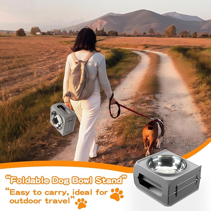 Elevated Dog Bowl Stand for Large Dogs - 2 Extra Large 10” Stainless Steel Bowls, 5 Adjustable Heights(7.5"-15.4"), Foldable Non-Slip & Durable, Portable Heavy Duty Travel Dog Feeder, Grey
