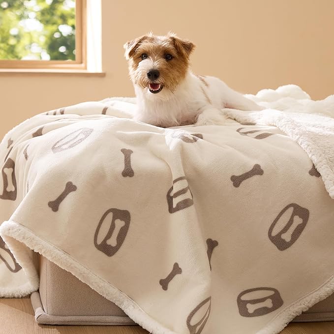 Bedsure Waterproof Dog Blankets for Medium Dogs Washable - Soft Print Sherpa Fleece Puppy Cat Blanket, Cozy Plush Reversible Throw Furniture Protector for Pet Kitten Doggy, 30"X40", Beige