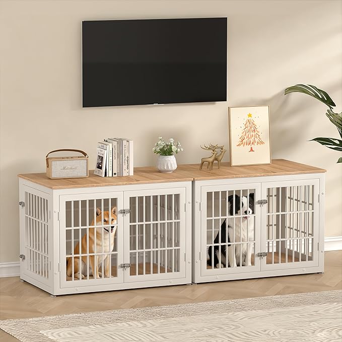 38 Inch Heavy Duty Dog Crate Furniture for Large and Medium Dogs, Decorative Pet House End Table, Wooden Cage Kennel Furniture Indoor, Natural and White
