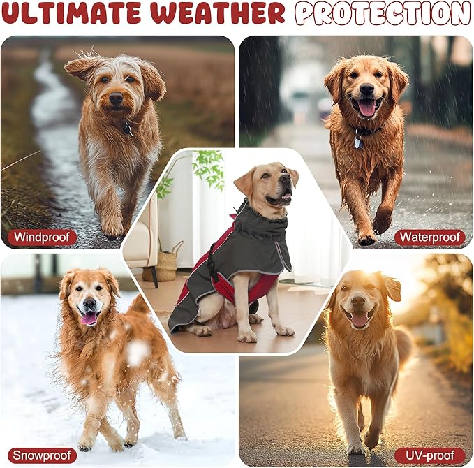 Dog Raincoat, Waterproof Dog Coat with Reflective Straps, Leash Hole & Polar Fleece Lining, Winter Snow Rain Coat for Small, Medium & Large Dogs, Warm, Windproof Vest Jackets