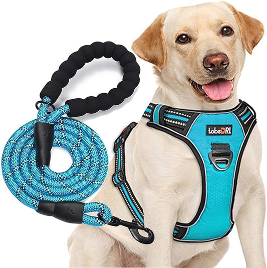 No Pull Dog Harness Adjustable Reflective Oxford Easy Control Medium Large Dog Harness with A Free Heavy Duty 5ft Dog Leash (L (Neck: 18"-25.5", Chest: 24.5"-33"), Blue Harness+Leash)