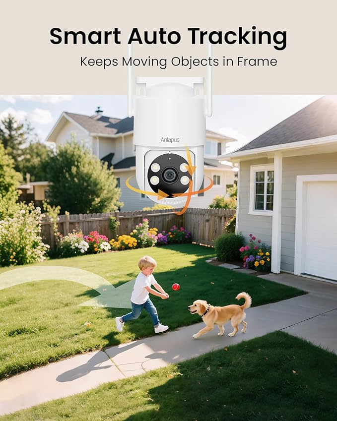 Anlapus C281 3MP 2K Security WiFi Camera Outdoor, 360° Pan/Tilt Wired Security Camera, AI Detection, Auto Track, Color Night Vision, 2-Way Audio, 2.4/5GHz, Light Siren Alarm, Cloud/Memory Card Storage