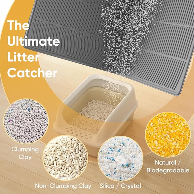 TRZZ XXL Extra Large Cat Litter Mat, Silicone Litter Box Mat for Floor, Waterproof & Non-Slip, Easy to Clean, Cat Litter Trapping Mat & Kitty Litter Catcher for Scatter Control (Black)