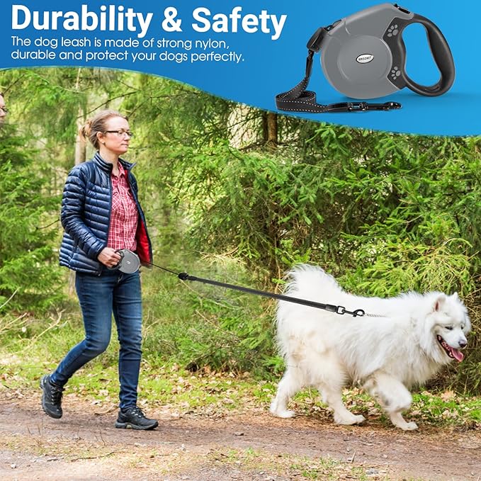 Retractable Dog Leash, 26 Ft Heavy Duty Pet Walking Leash for Small Medium Large Dogs up to 99lbs, Anti-Slip Handle, 360 ° No Tangle, Nylon Tape, One-Handed Brake (Grey)