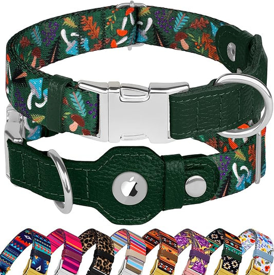 AirTag Dog Collar for Small Medium Large Breed - Adjustable Cute Pattern Dog Collar with Airtag Holder - Soft Leather Tracker GPS Apple Air Tag Pet Collars (X-Large, 20"-25" Neck Fit, Mushroom)