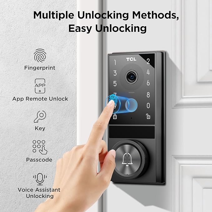TCL D1 Max Security Video Smart Lock, 3-in-1 2K Camera, Doorbell & Fingerprint Keyless Entry Door Lock, WiFi Smart Door Lock with App Remote Control, PIR Motion Detection, Easy Installation