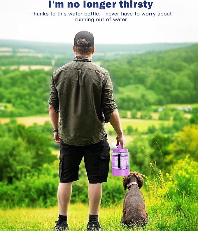 77oz Large Dog Water Bottle - Portable Travel Dog Water Dispenser & Bowl - Leak-Proof Pet Water Jug for Hiking, Camping, Walking & Car Trips, Purple
