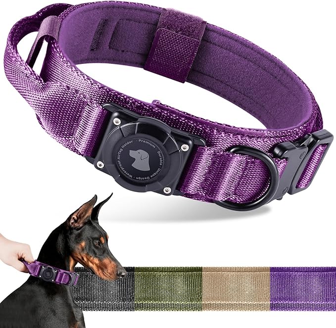 2025 Upgrade Waterproof AirTag Dog Collar, Military Tactical Dog Collar with AirTag Holder, Comfortable Control Handle and Metal Buckle, GPS Dog Collar Holder for Medium to Large Dogs (Purple, M)