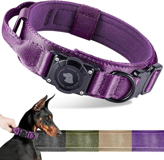 2025 Upgrade Waterproof AirTag Dog Collar, Military Tactical Dog Collar with AirTag Holder, Comfortable Control Handle and Metal Buckle, GPS Dog Collar Holder for Medium to Large Dogs (Purple, L)