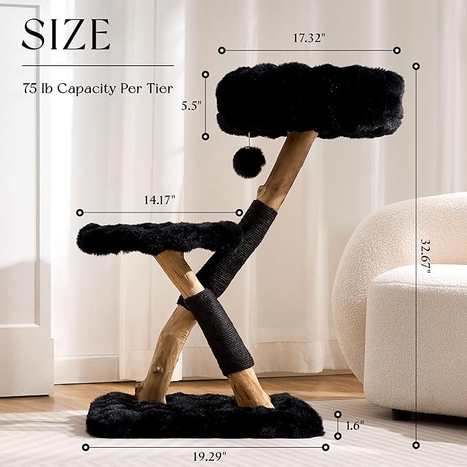 Solid Wood Cat Tree, Modern Cat Tree Tower for Large Indoor Cats, Natural Real Pear Wooden Aesthetic Cat Condo with Scratching Post for Adult Kittens-Black