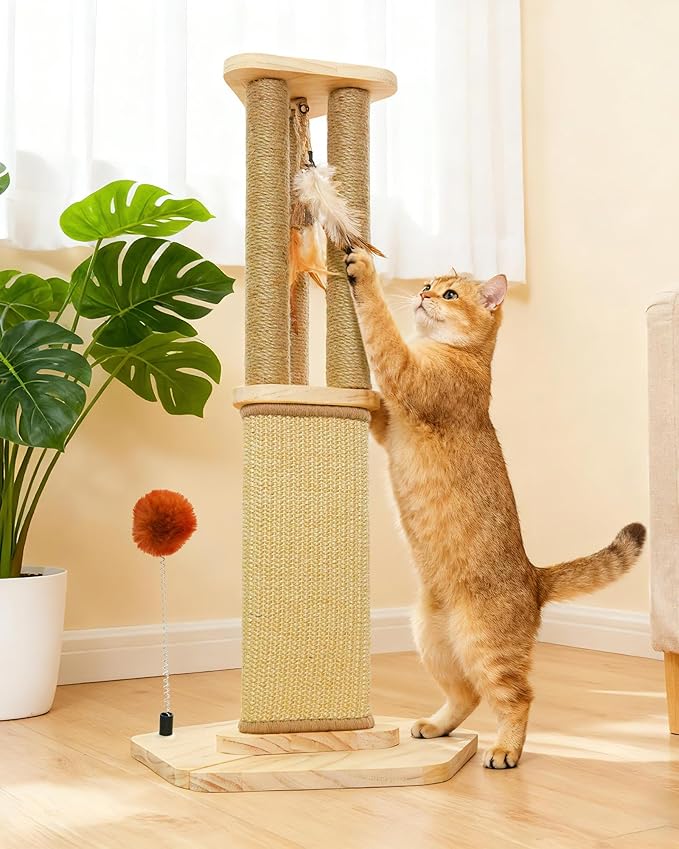 Cat Scratching Post, 26.3 Inch Scratch Post for Indoor Cats, Sisal Scratcher Posts for Medium/Small Cat, with Sturdy Wood Hexagonal Base, Silver Vine Feather Toy & Scratch Pad, Kitten Toys