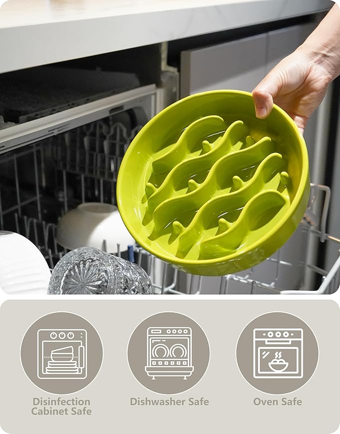 Ceramic Slow Feeder Dog Bowls for Medium and Large Dogs, 2.0 Cups Dog Slow Feeder for Fast Eater, 30oz, 8in, Lime Green