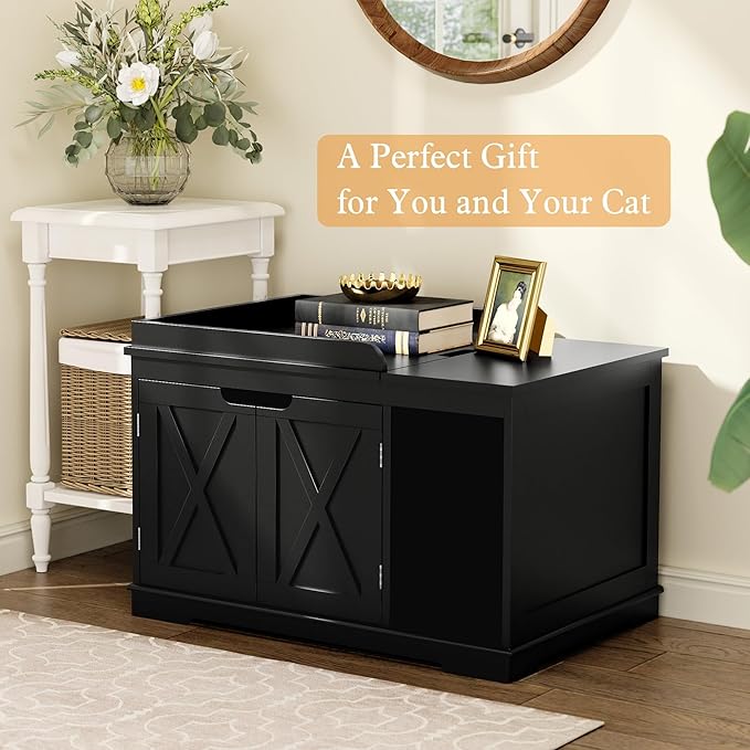Flip Top Cat Litter Boxes Enclosure Covered Litter Box Hidden Furniture Wooden Cat Washroom Cabinet for Kitty, Medium and Large Cat Black