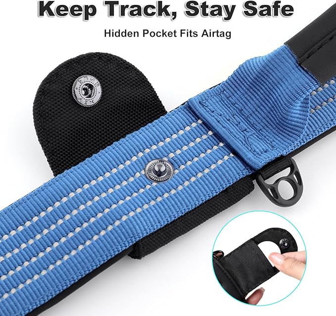 Plutus Pet Tactical Dog Collar with Tracker Packet for AirTag, Adjustable Reflective Nylon Collar, Metal Buckle, Leather-Wrapped Handle, Soft Padded for Medium Large Dogs (Blue, M)