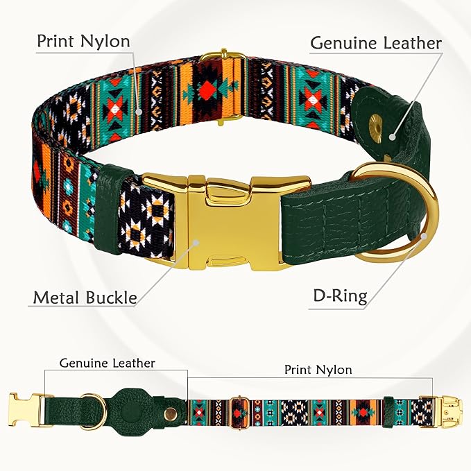 AirTag Dog Collar for Small Medium Large Breed - Adjustable Cute Pattern Dog Collar with Airtag Holder - Soft Leather Tracker GPS Apple Air Tag Pet Collars (X-Small, 9"-12" Neck Fit, Tribal)