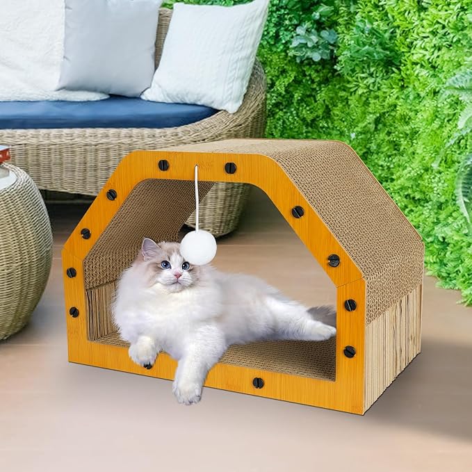 Cardboard Cat House - Large Cardboard Cat Scratcher Cozy Cats Lounger as Tunnel and Sofa, Cat Scratcher for Indoor Cats, Safe & Secure