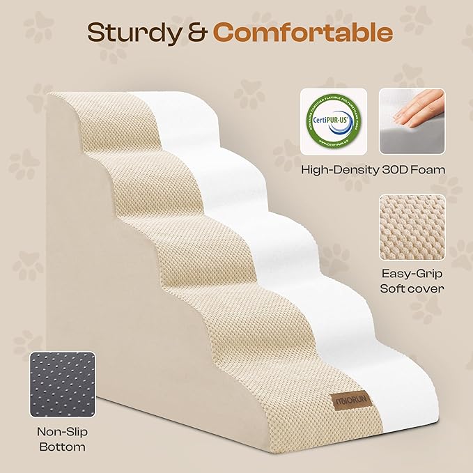 Replacement Cover for Miorun 5-Step Dog Stairs (Cover Only), Machine Washable, Anti-Slip, Fits Curved Dog Ramp for High Bed Up to 26", Beige