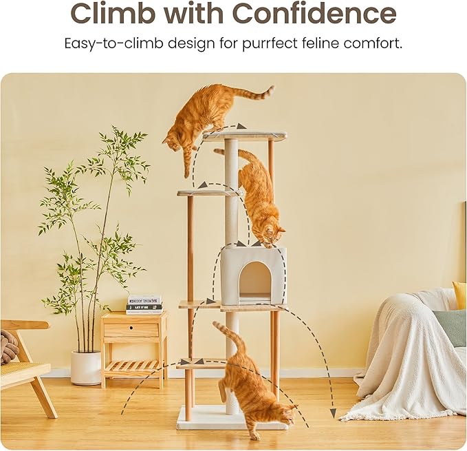 MWPO Modern Cat Tree - 63-Inch Luxury Wood Cat Tower for Indoor Cats, Large Perches with Soft Cushions, Cat Condo for Large Cats with Scratching Posts - Beige