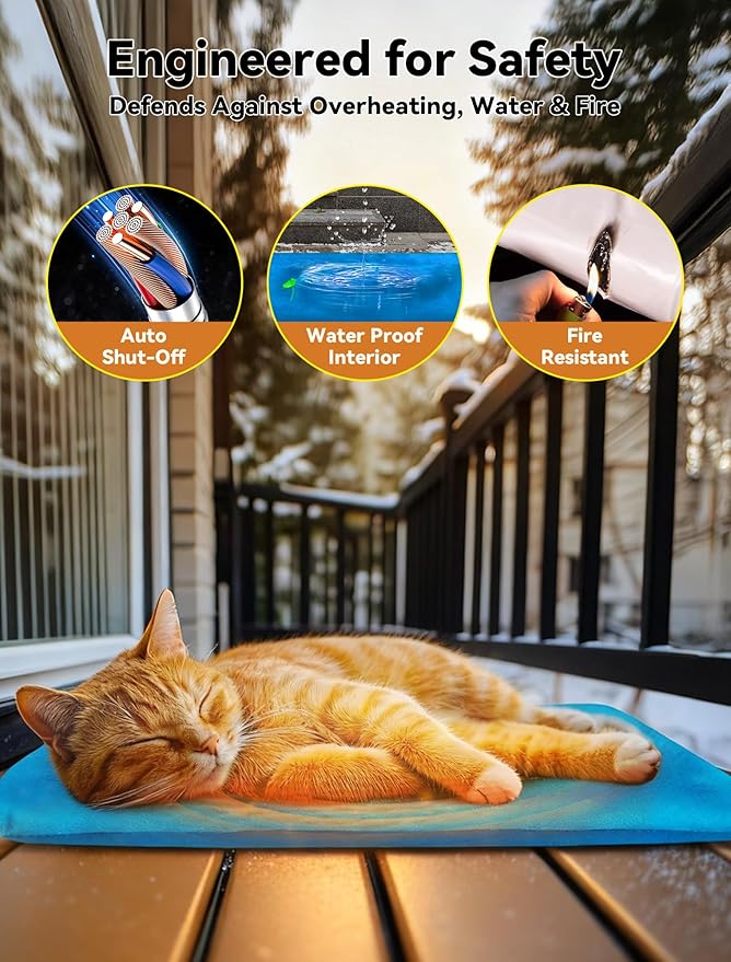 Outdoor Pet Heating Pad for Dog & Cat, Multi-Size Waterproof Heated Cat Dog Bed for Outside, Pet Heater Warmer Mat Blanket with Chew Resistant Cord for Senior Dog Cat House Whelping Box,Blue,16" x 20"