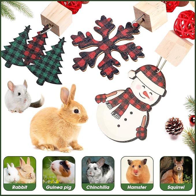 Christmas Bunny Chew Toys, Natural Guinea Pig Toys,3pcs Perfect Chews Hanging Wood Toy for Pet Rabbits Chinchillas Hamsters and Other Small Animals Teeth Grinding