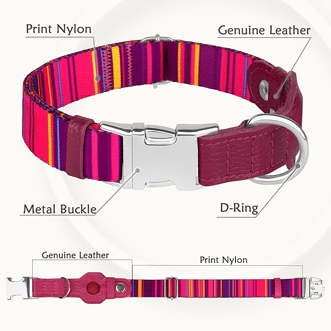AirTag Dog Collar for Small Medium Large Breed - Adjustable Cute Pattern Dog Collar with Airtag Holder - Soft Leather Tracker GPS Apple Air Tag Pet Collars (Medium, 14"-18" Neck Fit, Striped)