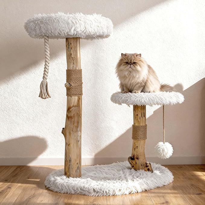 Modern Cat Tree Tower for Indoor Cats, 33" Luxury Cats Trees Natural Solid Wooden with Sisal Scratching Post, Log Style Cat Furniture with Perches Platform & Toy Ball,Primary Colors